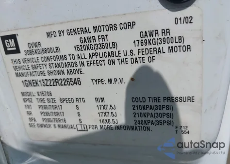 2002 Chevrolet Tahoe Z71 z USA, uszkodzony, nr VIN 1GNEK13Z22R226546